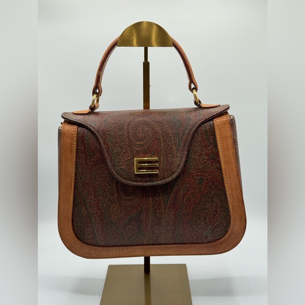 Etro Paisley Top Handle Satchel Coated Canvas Leather Trim Italy